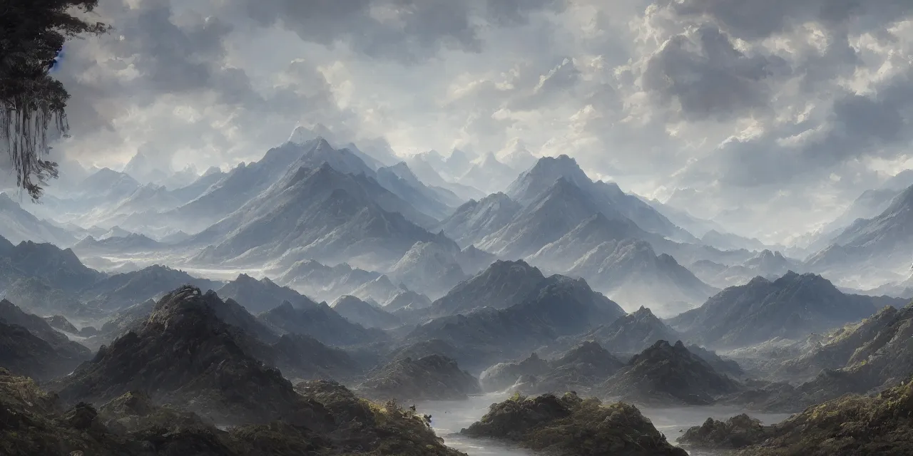 Image similar to a beautiful painting of a scene about a panorama of rivers and mountains, by james jean and yuumei and wang ximeng, trending on artstation., ultrawide viewn and highly detailed matte painting