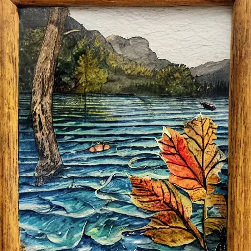 Prompt: In the lake, water color, oil on canvas with decoupage of old book leaves, 2022