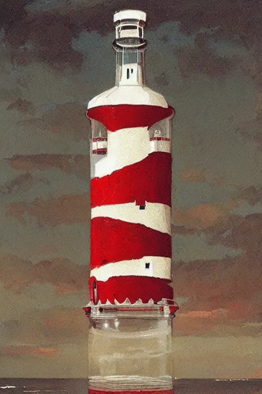 Prompt: a red and white lighthouse inside a clear bottle, very fancy whiskey bottle, masterpiece painting by greg rutkowski and daytoner