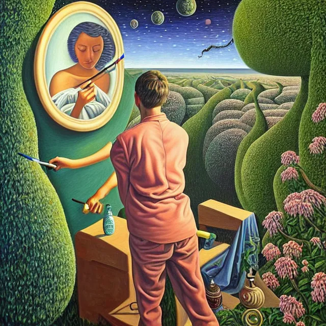 Prompt: an oil on canvas portrait of a man painting a portrait of a beautiful woman in the garden, surrealism, surrealist, lovecraftian, cosmic horror, rob gonsalves, high detail