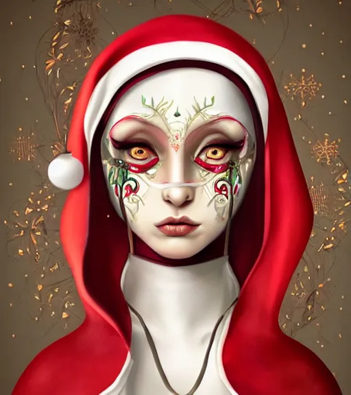 Image similar to beautiful female character inspired by venice carnival, christmas and nun | | digital artwork made by greg rutswork, anna dittmann, rosdraws and lois van barlee, symmetrical, anatomically correct, tongue out