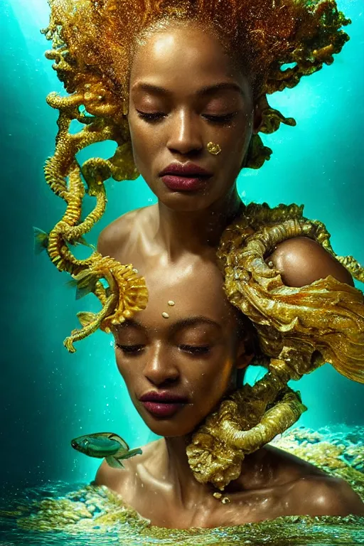 Image similar to hyperrealistic post - rococo cinematic half underwater scene with fish and algae, very expressive! translucent elegant african goddess getting out of water, gold jewerly, highly detailed face, digital art masterpiece, aykut aydogdu zener, dramatic volumetric light, long shot, low angle uhd 8 k, sharp focus