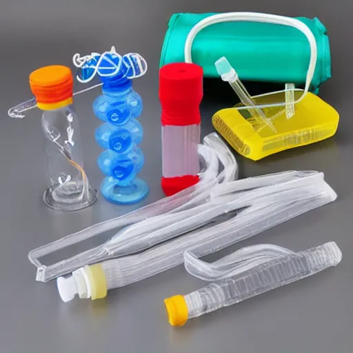 Image similar to musical instrument made out of clear tubing, syringes, urine collection bag, iv pole, fluid bag, nebulizer equipment