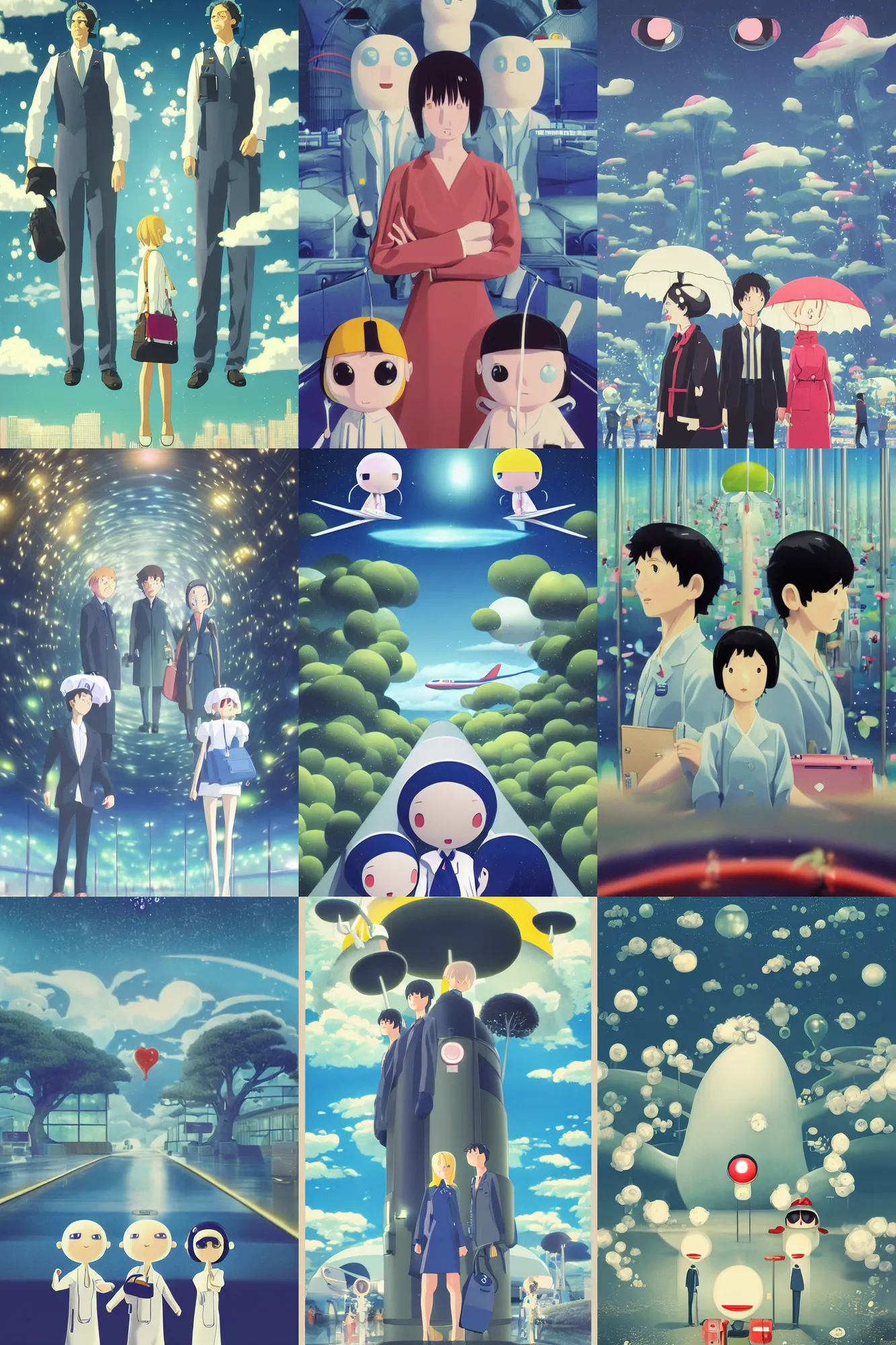 Prompt: time at a airport baggage claim solving epic mysteries, Klaus Movie Twins poster, artwork by Chiho Aoshima, a Rendering illustration of a cinematic beautiful closeup moment of three friends standing facing toward their love, science fiction, high technology, full of details, full view, Matte painting, trending on artstation, Mamoru hosoda