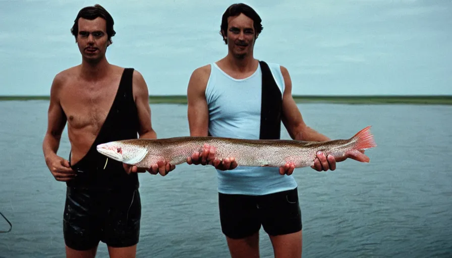 Image similar to 7 0 s movie still of thierry baudet in speedo, proudly holding a salmon on a fishing trip in siberia. cinestill 8 0 0 t _ 3 5 mm eastmancolor, heavy grain, high quality, high detail