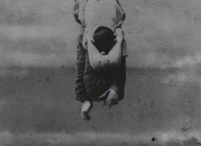 Prompt: an old worn photograph of a child in the distance floating upside - down