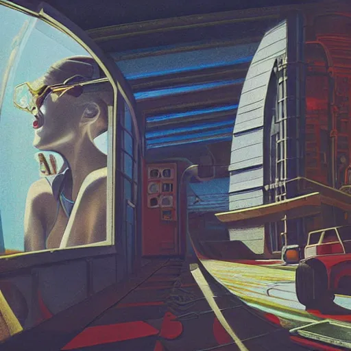 Image similar to detailed face of a woman, clockwork, moment, tectonic sky, skydome, bullet train, turbines, utopian, tech noir, wet reflections, prism, atmospheric, ambient, pj crook, syd mead, livia prima, greg rutkowski, edward hopper