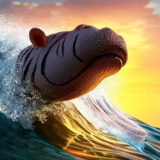 Image similar to a closeup photorealistic photograph of a cute smiling knitted tiger hippopotamus riding a wave at sunset. surf in background. professional capture. brightly lit scene. this 4 k hd image is trending on artstation, featured on behance, well - rendered, extra crisp, features intricate detail, epic composition and the style of unreal engine.