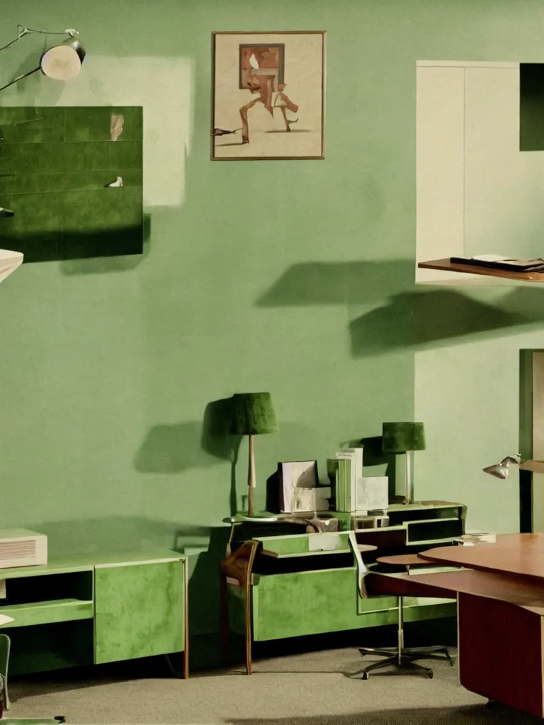 Prompt: a still of severance series ( 2 0 2 2 ) indoor 7 0 s green velvet and wood with metal furniture office scenario appearing in a film of jacques tati