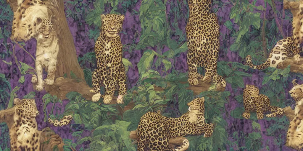 Image similar to 3 d precious moments leopard plush, female wrapped in a muted purple shroud, sitting in a cemetery at night, under a sea of stars, ebony / periwinkle / slate blue / yellow green color palette, master painter and art style of john william waterhouse and caspar david friedrich and philipp otto runge