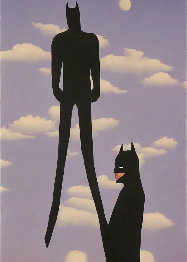 Image similar to surreal painting of batman by rene magritte