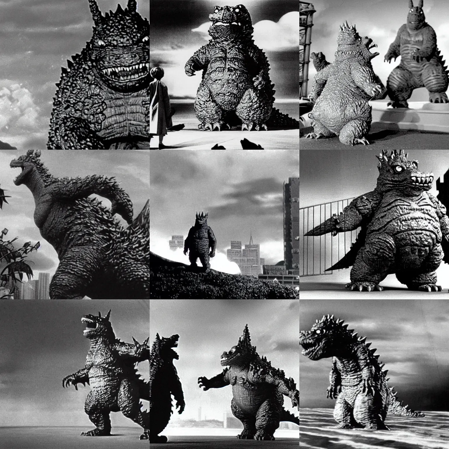 Prompt: still from the movie Godzilla vs Totoro 1954