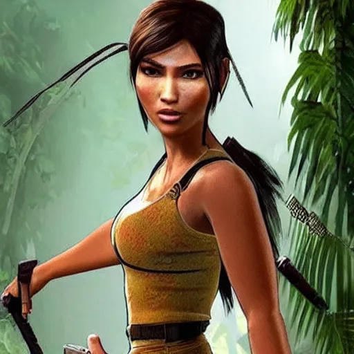 Image similar to give me only lara croft wearing batik!