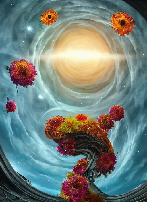 Image similar to An epic fantastic realism comic book style painting of the most beautiful spiraling entwined flowers launched exquisitely across the dark spinning universe, floating bouquets, fisheye, suns crashing into each other, unreal 5, DAZ, hyperrealistic, octane render, dynamic lighting