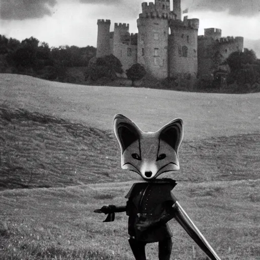 Image similar to anthropomorphic fox!! who is a medieval knight holding a swo - rd towards a stormy thunderclo - ud [ 1 9 3 0 s film still ], ( castle in the background )