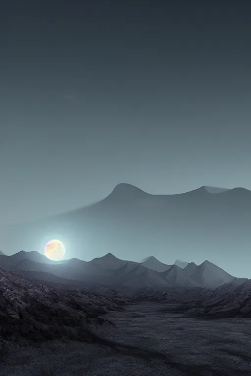 Prompt: a cgi landscape image with a moon and mountains, cinematic matte painting, extreme detail photo quality, dark moody colors, featured on behance