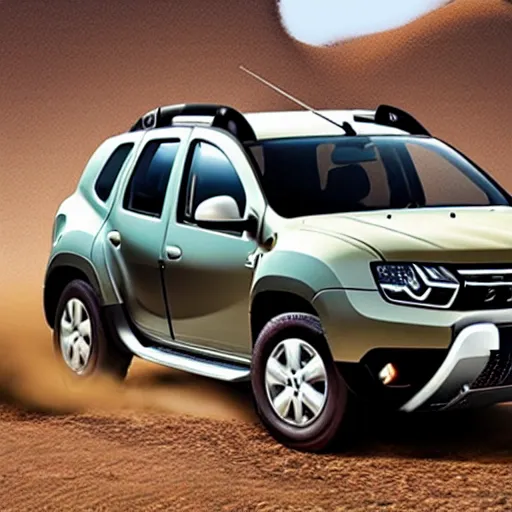 Image similar to Renault duster with tank turret instead of roof, hot desert