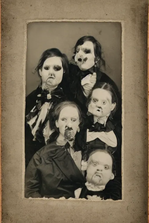 Prompt: mugwump family photo, 1 8 0 0 s, olan mills studio, creepy, scary, laughing, color, grotty, ugly, terrified