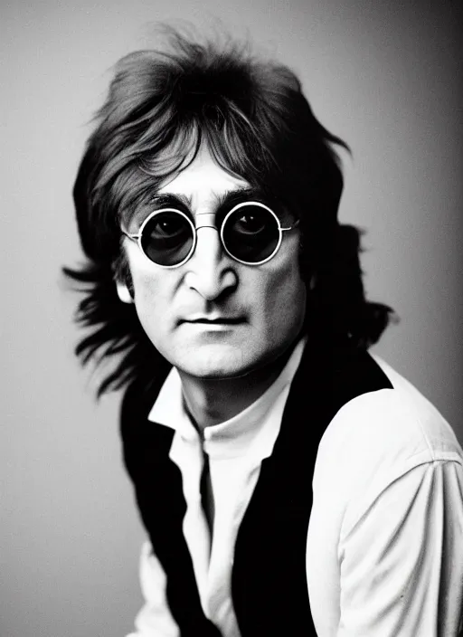 Image similar to DSLR photo portrait still of John Lennon at age 81, 85mm f1.8