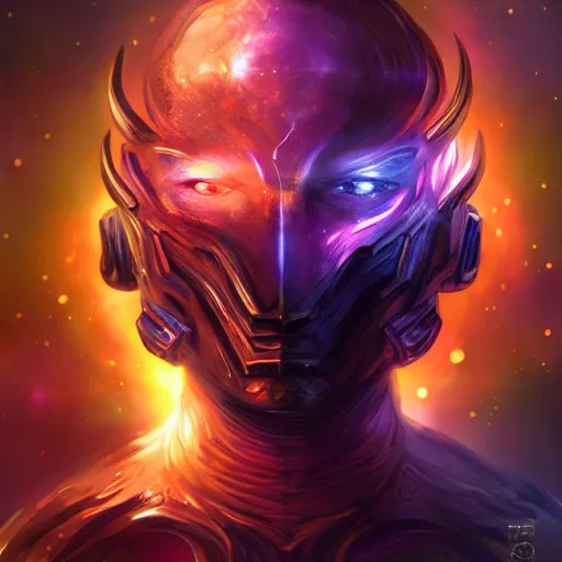 Image similar to photorealistic fantasy cosmic concept art of a cosmic god with armor made out of planets and dark matter, hovering in a unknown galaxy, fully body portrait, cinematic, dynamic lighting, ultra detailed, creative, trending on art station, creative