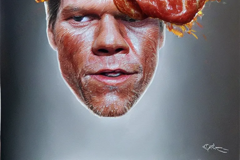 Image similar to an ultra realistic painting of kevin bacon, bacon rasher, bacon rasher wrapped around his face, 8 k, cinematic, movie still