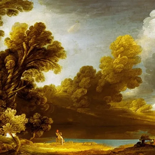 Prompt: landscape painting by nicholas pussin, thomas gainsborough, claude lorrain, dramatic, cinematic, picturesque, beautiful, grandiose, serene