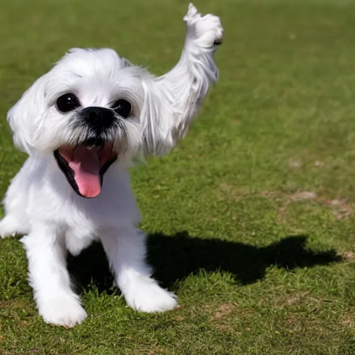 Image similar to photo of maltese puppy dog standing on hind leg begging for food, photorealistic