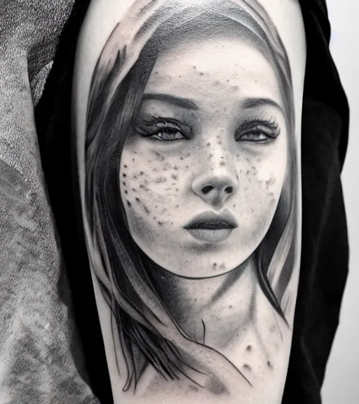 Image similar to a beautiful girl portrait faded in a beautiful mountain background, realism tattoo, in the style of den yakovlev, black and white, hyper realistic, highly detailed