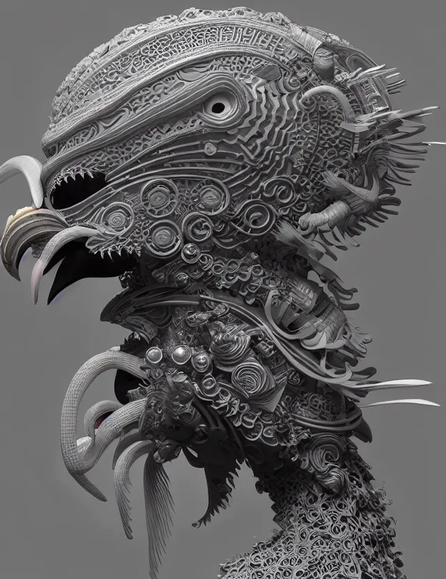 Prompt: 3 d hard surface modelling goddess close - up profile portrait with ram skull. beautiful intricately detailed japanese crow kitsune mask and clasical japanese kimono. betta fish, jellyfish phoenix, bio luminescent, plasma, ice, water, wind, creature, artwork by tooth wu and wlop and beeple and greg rutkowski