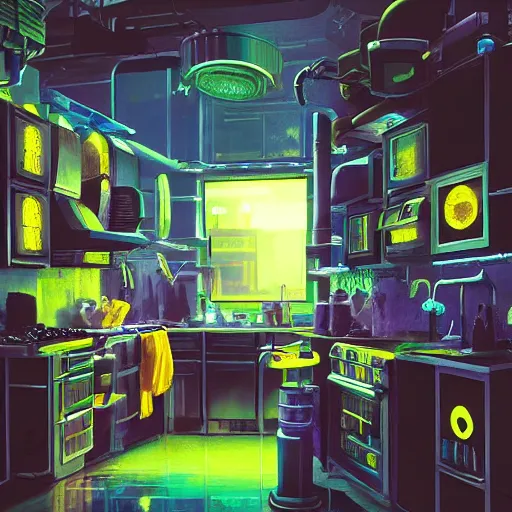 Image similar to IKEA catalogue photo of a cyberpunk kitchen, by Paul Lehr