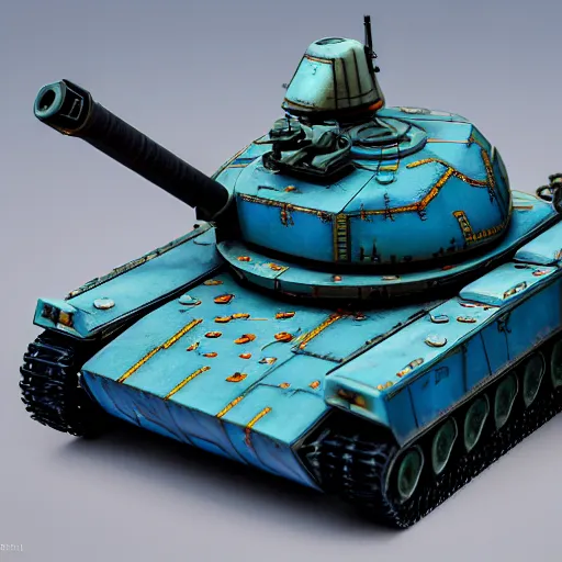 Image similar to a futuristic battletank with blue camouflage paint, long main gun, heavy machinegun on top, science fiction, coherent, studio lighting, zoomed out product photography, simon stalenhag, detailed painted games workshop miniature