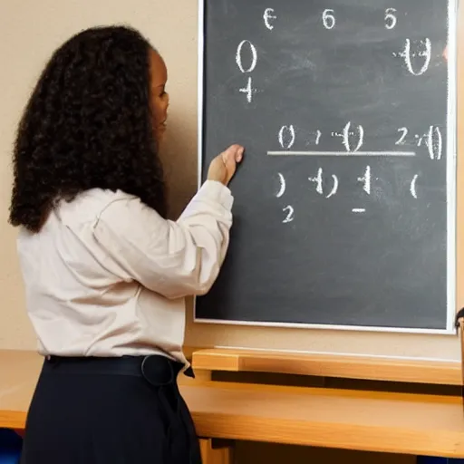 Image similar to a lion teacher is teaching math in front of a blackboard