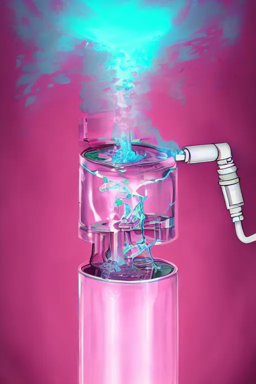 Image similar to Pink Vapor Inhalation Machine Conected to a Vat of Pink Liquid by a Tube, fantasy, magic, ultra detailed, digital art, trending on artstation, illustration