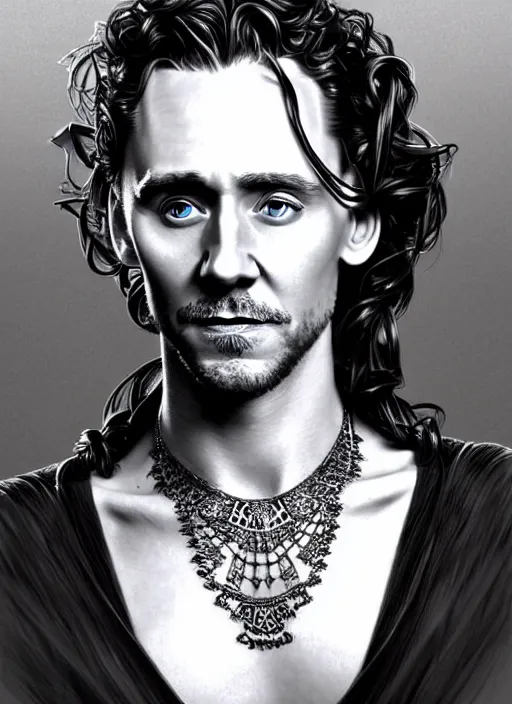 Prompt: a pencil drawing portrait of tom hiddleston, beautiful face, in a dress, jewelry, greek, intricate, headshot, highly detailed, drawn with pencil, black and white, artstation, concept art, sharp focus, cinematic lighting, illustration, art by artgerm and greg rutkowski, alphonse mucha, cgsociety