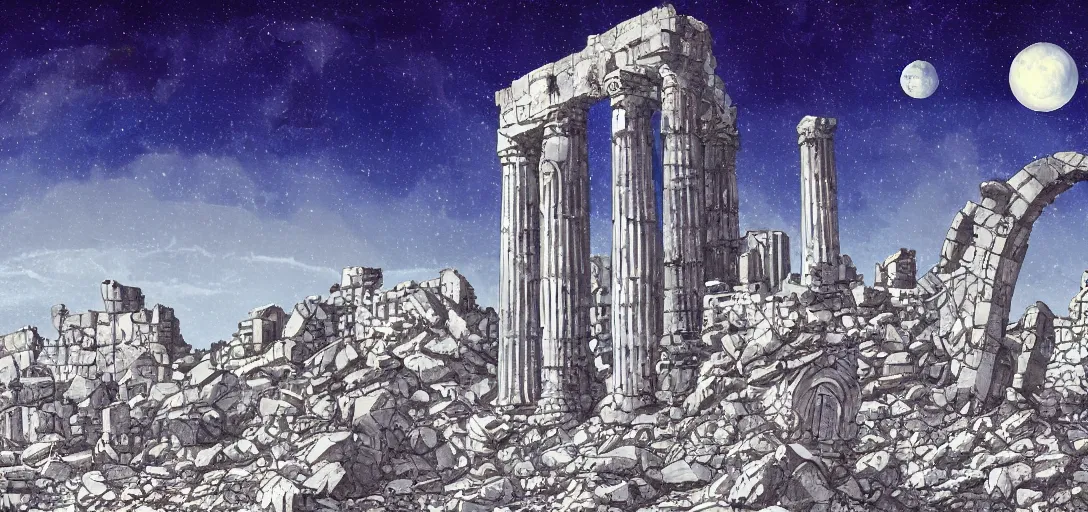 Image similar to The ruins of the Silver Millennium on the moon from Sailor Moon, digital painting, Earth in the distance, Greek-esque columns and ruins