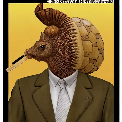 Prompt: Portrait of an anthropomorphic Armadillo crime boss smoking a cigar and wearing an eyepatch. Very high quality. Drawn by James Christensen