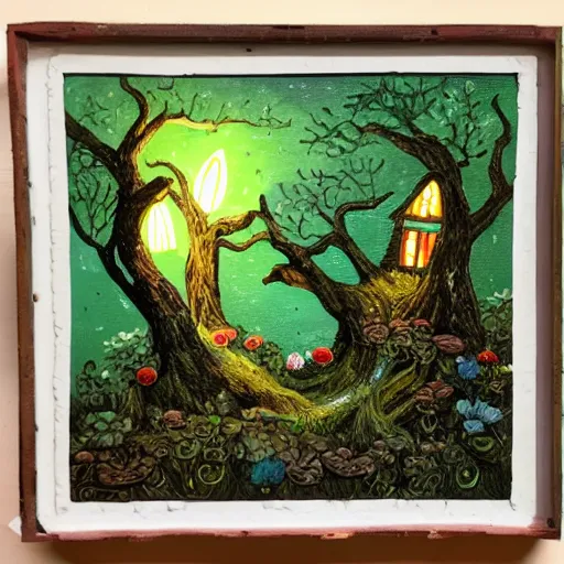 Image similar to acrylic painting , whole page illustration , art in the style of Terry Moore, a tiny village carved into the side of a tree, inhabited by elves and faeries, the outside lights are bioluminescent mushrooms and fungi intricately detailed