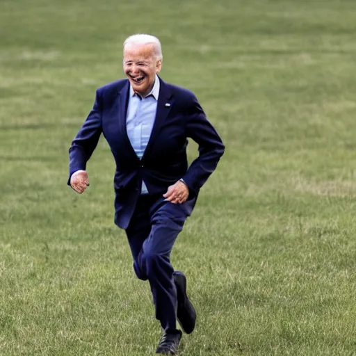 Prompt: joe biden running towards the photographer.