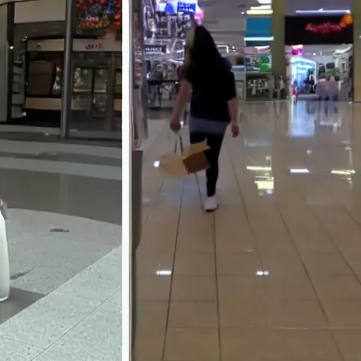Prompt: security camera footage of a witch pouring a carton of milk on the floor in a mall