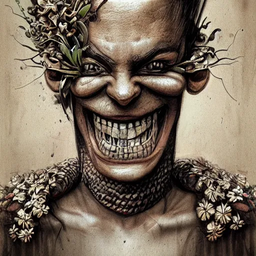 Image similar to surrealism grunge cartoon sketch of a human snake with a wide smile holding flowers by - michael karcz, loony toons style, horror theme, detailed, elegant, intricate