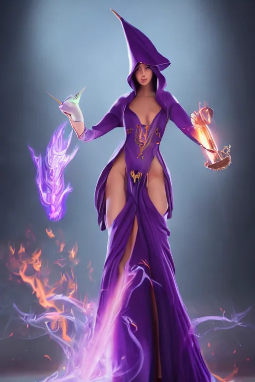 Prompt: beautiful woman in prudish purple wizards apprentice robes with pointy hat at a crowded magical university, a flaming magical red flame hummingbird pet, full body shot unreal engine hyperreallistic render 8k character masterpiece digital art, cell shader shading, raytracing, comic art, manga, trending on Artstation, CGSociety