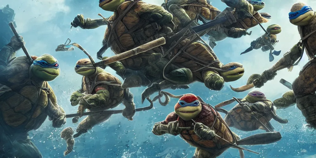 Prompt: ninja turtles escape and two military ( american uniform ) ran to sound the alarm and all the turtles began to descend the water slides, greg rutkowski very coherent symmetrical artwork, 4 k,