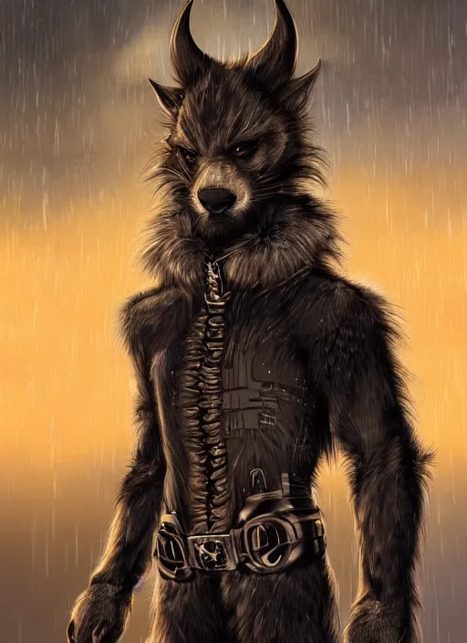 Prompt: aesthetic portrait commission of a of a male fully furry anthro ( animal ) with a tail and a beautiful attractive hyperdetailed face wearing wearing a outfit in a sci - fi dystopian city at golden hour while it storms in the background. character design by dayer, diego 5, detailed, inked, western comic book art, award winning film poster painting