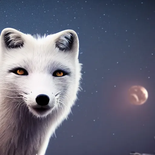 Image similar to arctic fox, detailed eyes, glowing, Milky Way background, octane, cinematic, hyper realism, high detail, octane, 8k