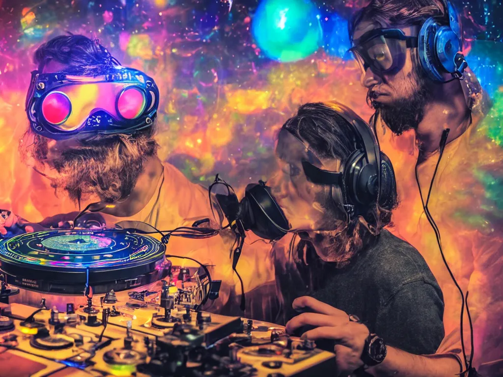 Prompt: a person wearing goggles and visor and headphones using a steampunk record player contraption, wires and tubes, turntablism dj scratching, intricate planetary gears, cinematic, imax, sharp focus, leds, bokeh, iridescent, black light, fog machine, hazy, lasers, hyper color digital art