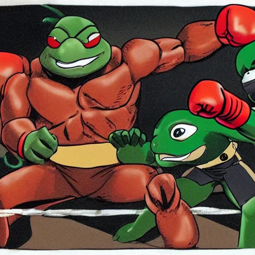 Prompt: satan having a boxing match against a teenage mutant ninja turtle, 8 k