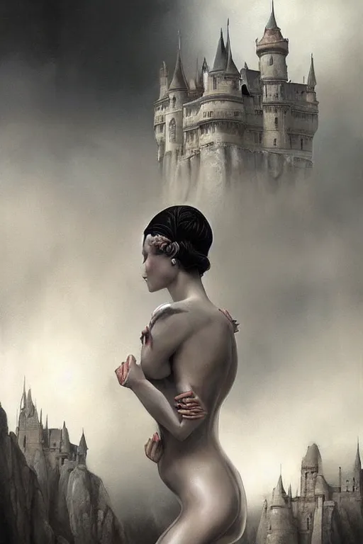 Prompt: By Tom Bagshaw and Boris Vallejo, ultra realist soft painting of a castle court by night, centered female princess fully dressed, horror, omnious sky, symmetry accurate features, very intricate details, fading rainbow light, black and white, volumetric light clouds, artstation, 8K