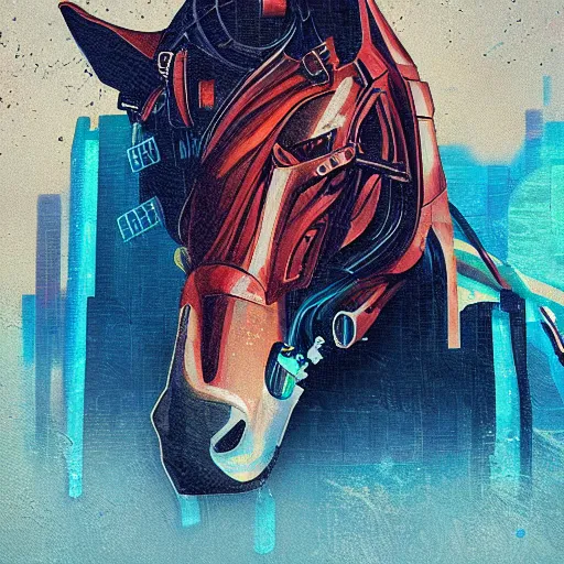 Image similar to a graph style gauche impasto, steampunk horse, cyberpunk art by james gilleard, city depth of field, cgsociety, retrofuturism, synthwave, retrowave, outrun, realistic, high quality.