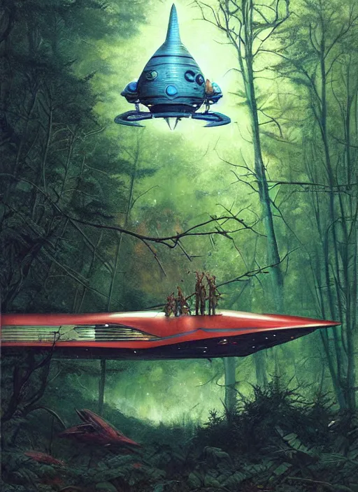 Image similar to hyper realistic spaceship in the woods by a river gorgeous lighting, lush forest foliage blue sky a hyper realistic painting by chiara bautista and beksinski and norman rockwell and greg rutkowski, weta studio, and lucasfilm