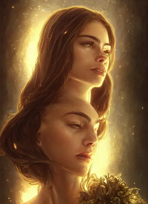 Image similar to Portrait of Sofia Vergara, white glowing eyes, fantasy, extremely detailed, digital painting, artstation, concept art, smooth, sharp focus, illustration, stunning lighting, art by artgerm and greg rutkowski and alphonse mucha and simon stalenhag, realistic character concept, high fantasy, light atmosphere, golden ratio, cinematic lighting, hyperdetailed, high resolution, insanely detailed and intricate, artstation, Marc Simonetti, Greg Rutkowski, 8k